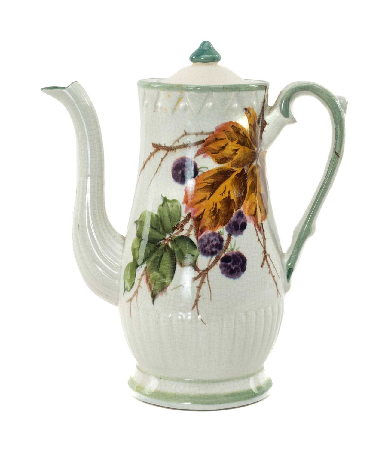 RARE LLANELLY POTTERY COFFEE POT & COVER circa 1910, painted in the 'Blackberry' pattern with