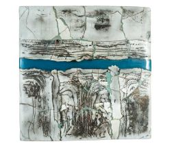 ‡ PETER HAYES (b. 1946), resin and raku - Blue Wave, wall plaque, 74 x 74cms Provenance: private