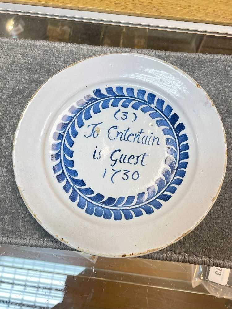 GEORGE II ENGLISH DELFT 'MERRYMAN' PLATE, dated 1730, probably London, inscribed in the centre 'To - Image 2 of 17
