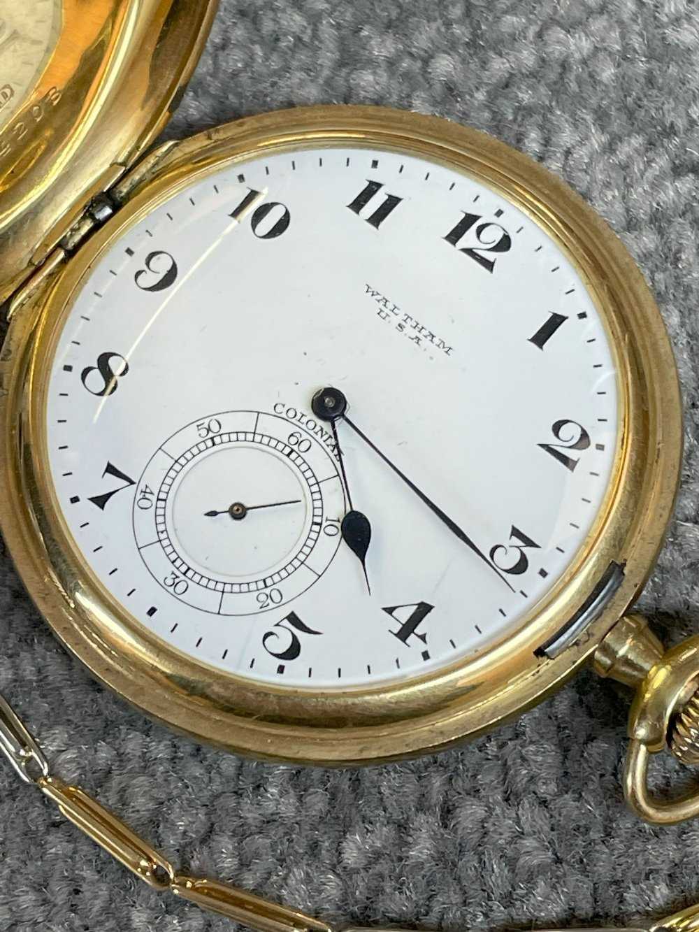 18CT GOLD WALTHAM FULL HUNTER POCKET WATCH, the white enamel dial signed 'Waltham U.S.A. - Image 11 of 23
