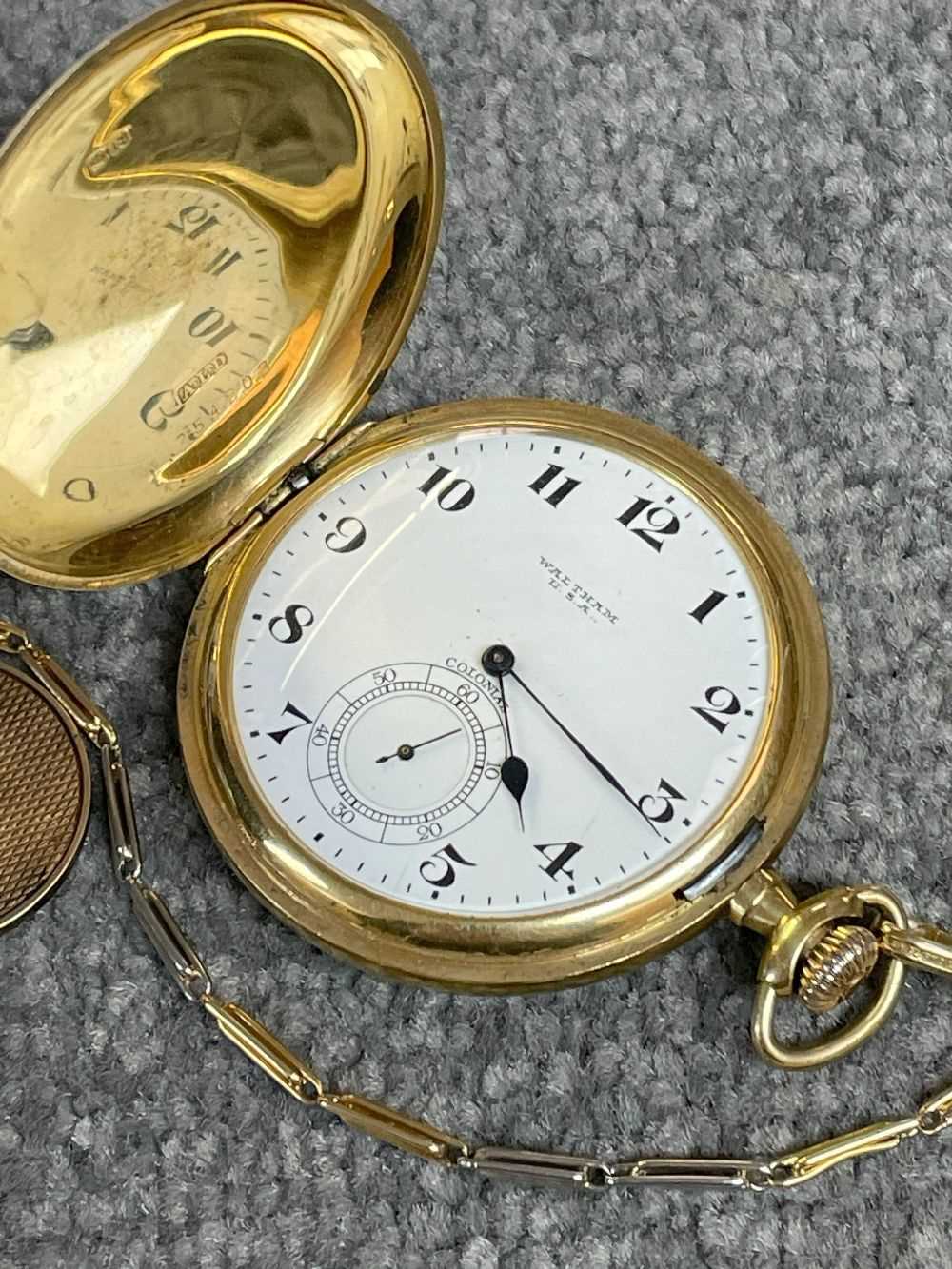 18CT GOLD WALTHAM FULL HUNTER POCKET WATCH, the white enamel dial signed 'Waltham U.S.A. - Image 10 of 23