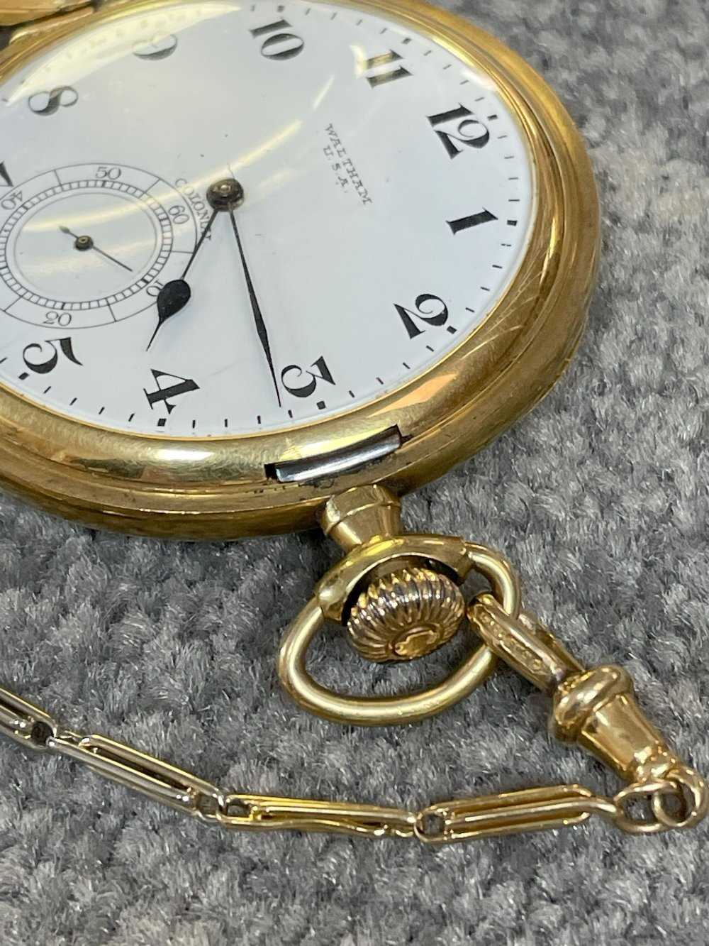 18CT GOLD WALTHAM FULL HUNTER POCKET WATCH, the white enamel dial signed 'Waltham U.S.A. - Image 12 of 23