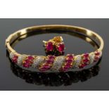 18CT GOLD RUBY & DIAMOND BANGLE, of graduating alternate row design, together with pair of yellow