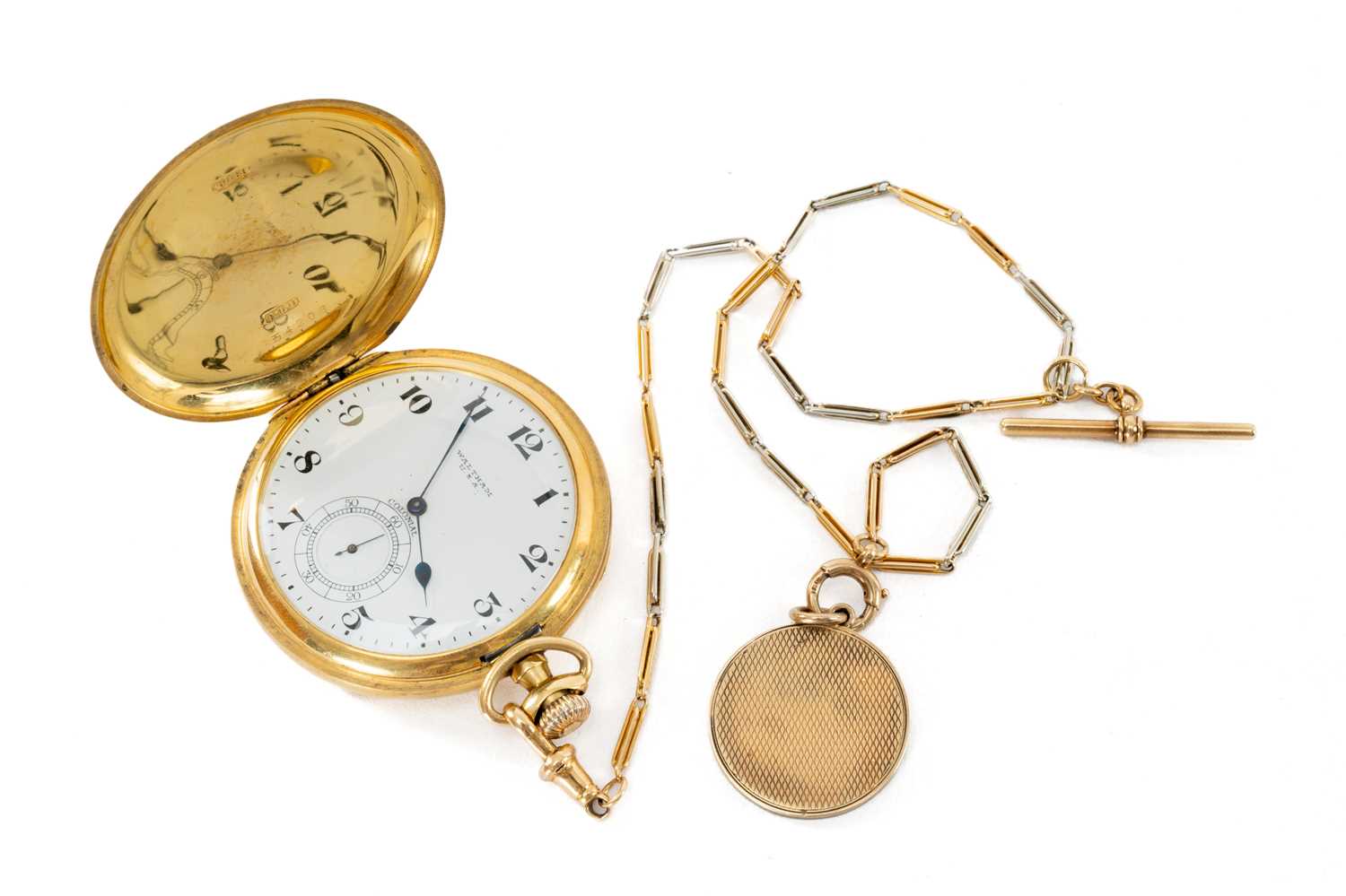 18CT GOLD WALTHAM FULL HUNTER POCKET WATCH, the white enamel dial signed 'Waltham U.S.A.