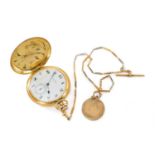 18CT GOLD WALTHAM FULL HUNTER POCKET WATCH, the white enamel dial signed 'Waltham U.S.A.