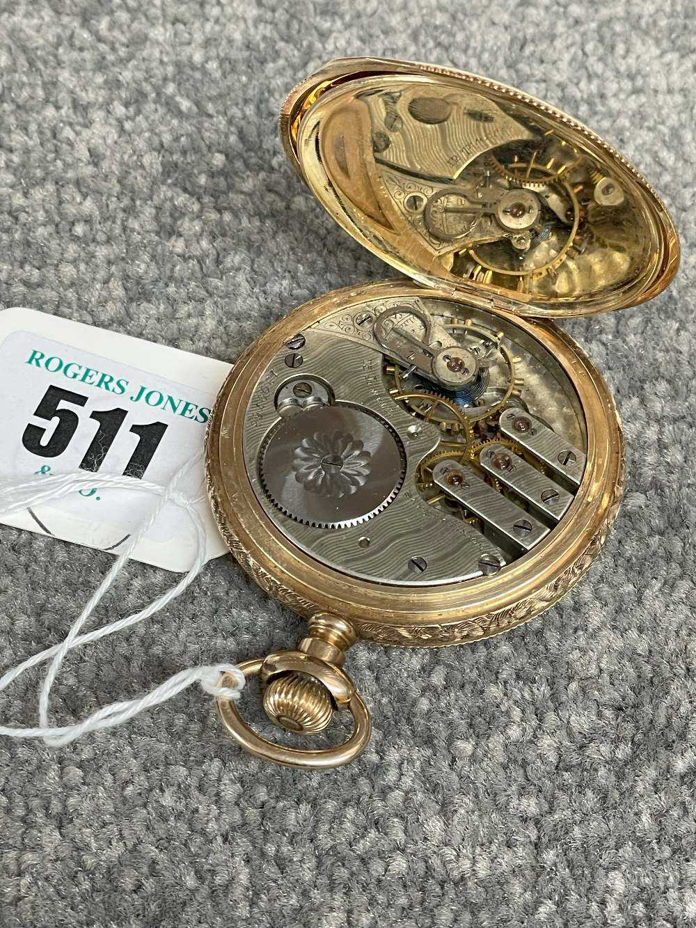 14CT GOLD AMERICAN FULL HUNTER POCKET WATCH, top wind, stepped Roman & Arabic white enamel dial - Image 9 of 14