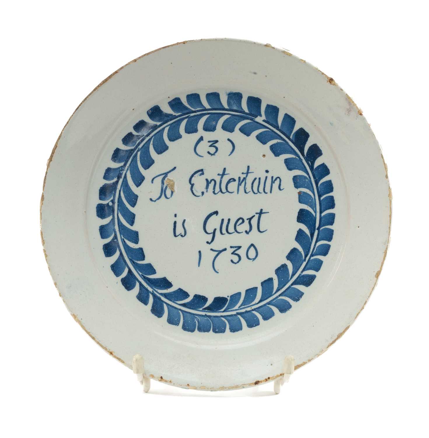GEORGE II ENGLISH DELFT 'MERRYMAN' PLATE, dated 1730, probably London, inscribed in the centre 'To