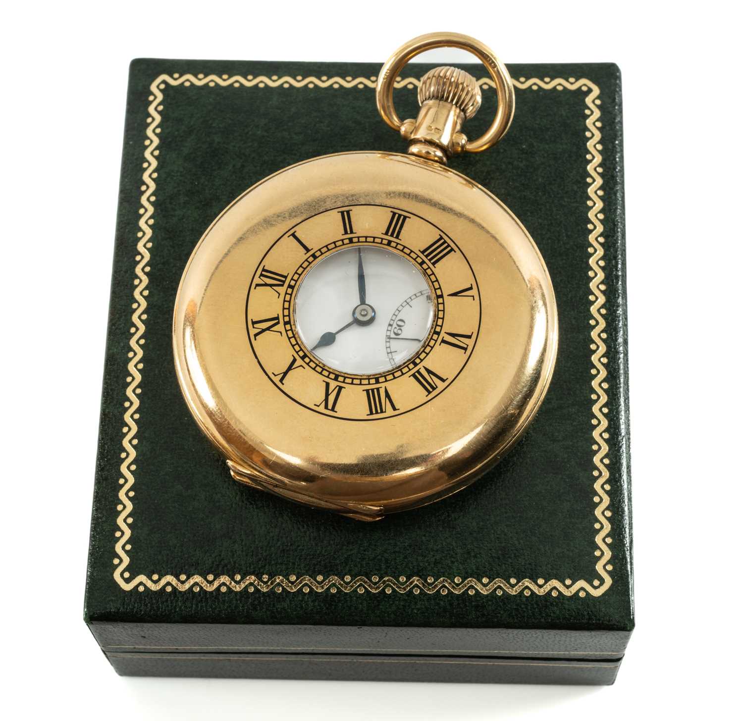 18CT GOLD J.W. BENSON HALF HUNTER POCKET WATCH, signed white enamel Roman dial with subsidiary