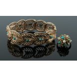 9CT GOLD TURQUOISE & SEED PEARL BRACELET, of panelled arrow head design, 18.5cms long, together with
