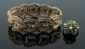 9CT GOLD TURQUOISE & SEED PEARL BRACELET, of panelled arrow head design, 18.5cms long, together with