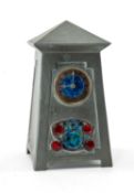 LIBERTY & CO. TUDRIC PEWTER & ENAMEL MANTEL CLOCK, c. 1905, model no. 0629, designed by Archibald