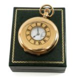 18CT GOLD J.W. BENSON HALF HUNTER POCKET WATCH, signed white enamel Roman dial with subsidiary