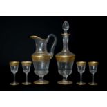 SUITE OF SAINT-LOUIS 'THISTLE GOLD' PATTERN CRYSTAL, comprising decanter and stopper 39cms (h), four