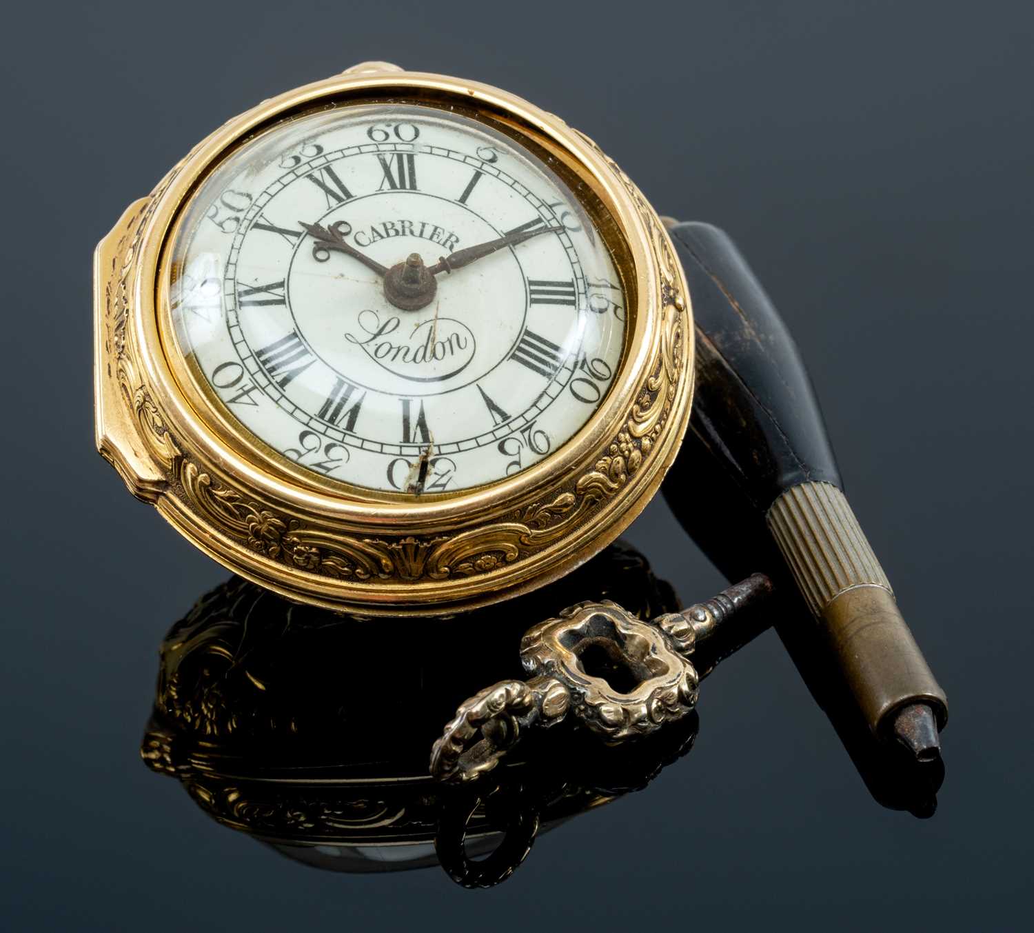 MID-18TH C. GOLD PAIR CASED POCKET WATCH, Charles Cabrier, London 1750, with white enamel dial,
