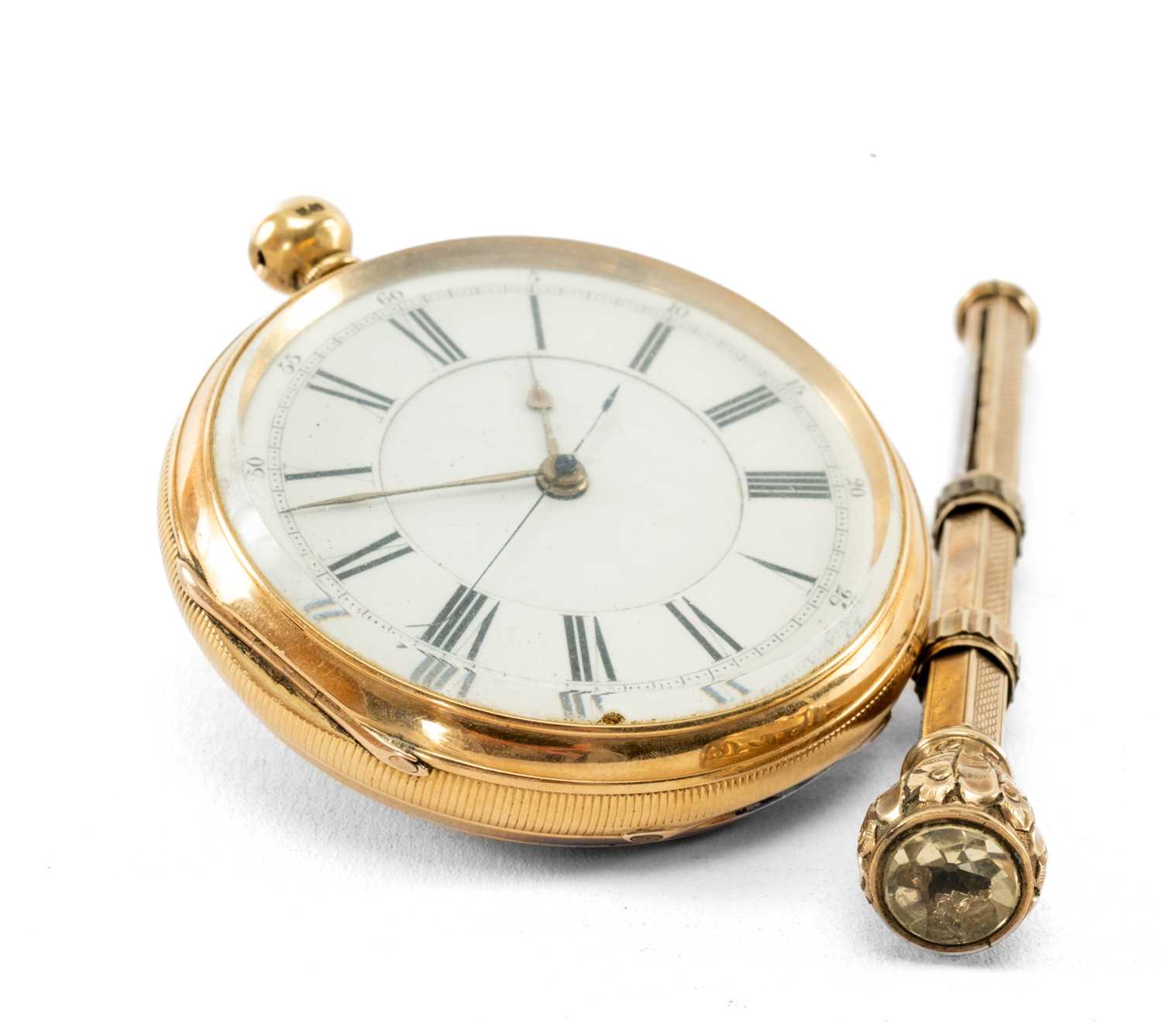 18CT GOLD CHRONOGRAPH POCKET WATCH, Joshua Critchley, stepped white enamel dial with Roman numerals,