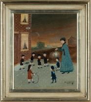 ‡ HELEN BRADLEY MBE (1900-1979) oil on board - 'Oh where, Oh where can Gyp and Barney be!', lady