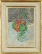 ‡ DIANA ARMFIELD RA RWA MSIA (b. 1920) oil on board - 'Nasturtiums and Campanula at Llywnhir',