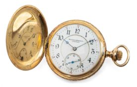 14CT GOLD AMERICAN FULL HUNTER POCKET WATCH, top wind, stepped Roman & Arabic white enamel dial