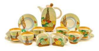 CLARICE CLIFF 'CAPRI' BON JOUR COFFEE SET, c.1935, comprising coffee pot and cover, jug, sugar bowl,