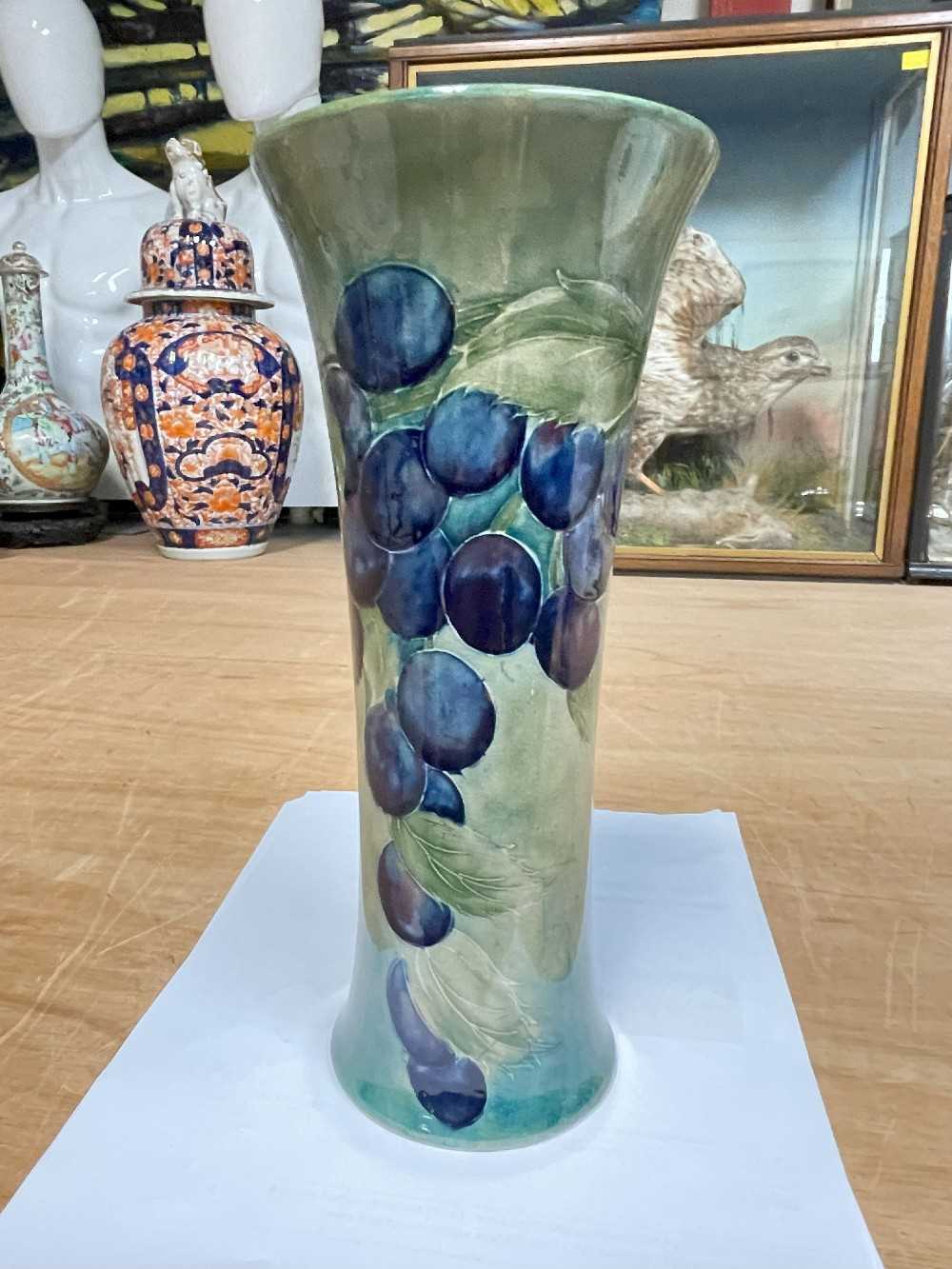 RARE WILLIAM MOORCROFT 'DAMSON' PATTERN VASE, c.1915, of waisted trumpet form, painted to the - Image 5 of 8