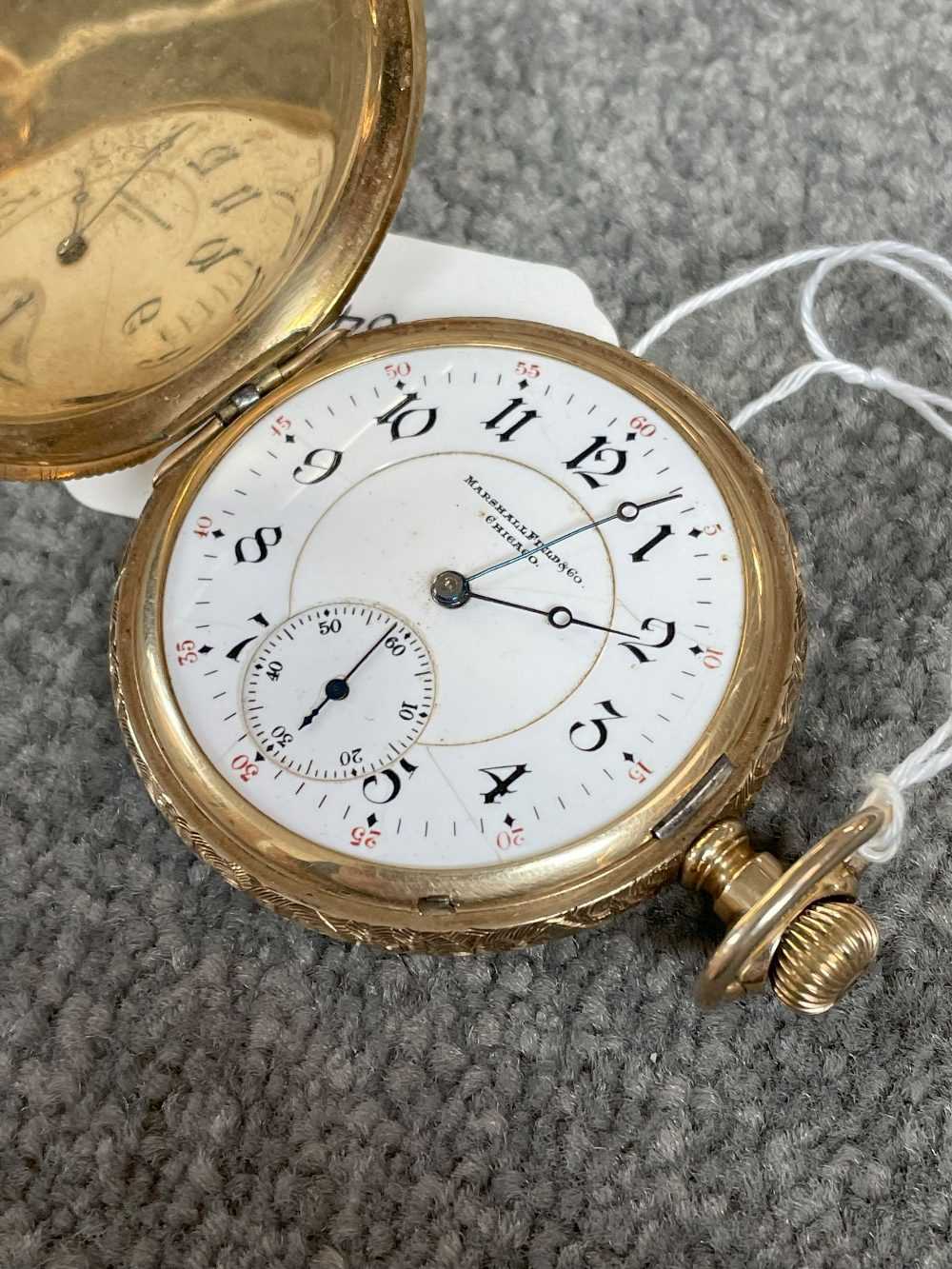 14CT GOLD AMERICAN FULL HUNTER POCKET WATCH, top wind, stepped Roman & Arabic white enamel dial - Image 4 of 14