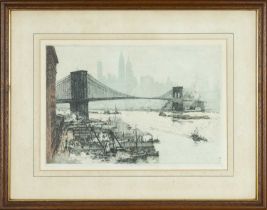 ‡ LUIGI KASIMIR (Austro-Hungarian, 1881-1962) aquatint etching - 'Brooklyn Bridge' circa 1927, tug