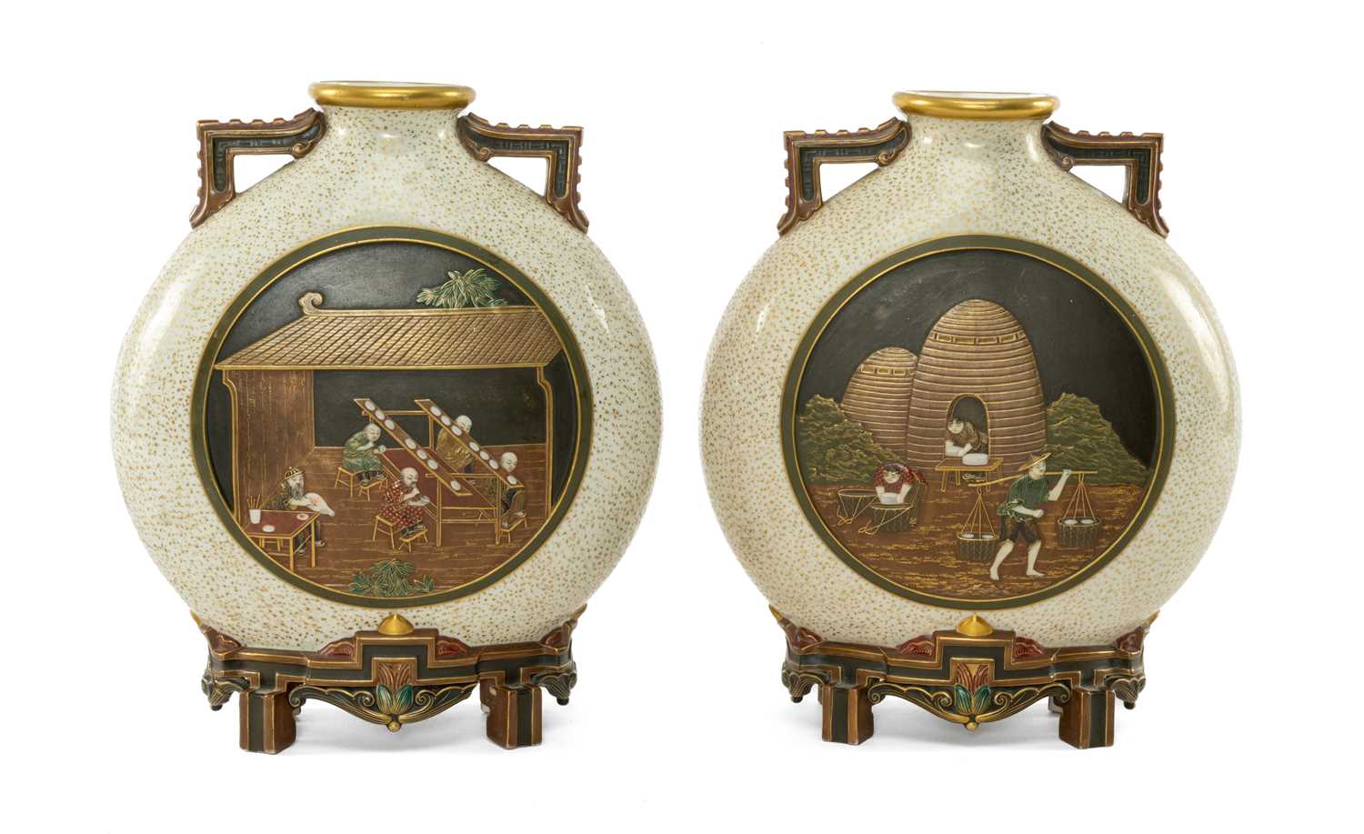 RARE PAIR ROYAL WORCESTER 'JAPONISME' MOON FLASKS, dated 1874, in the Aesthetic taste with angular - Image 2 of 17