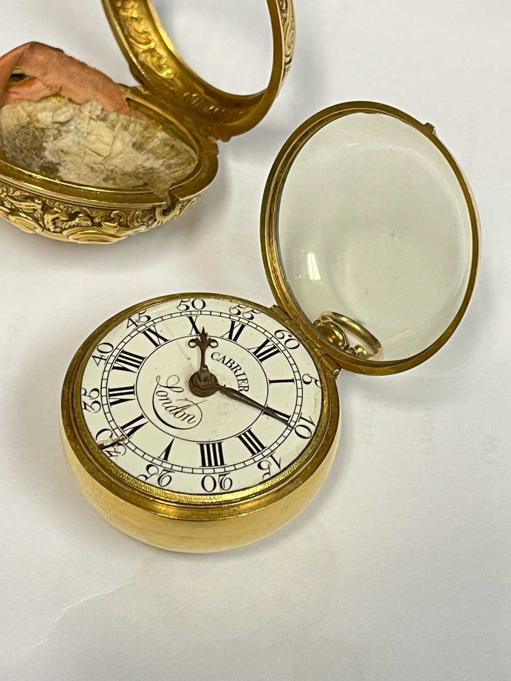 MID-18TH C. GOLD PAIR CASED POCKET WATCH, Charles Cabrier, London 1750, with white enamel dial, - Image 6 of 12