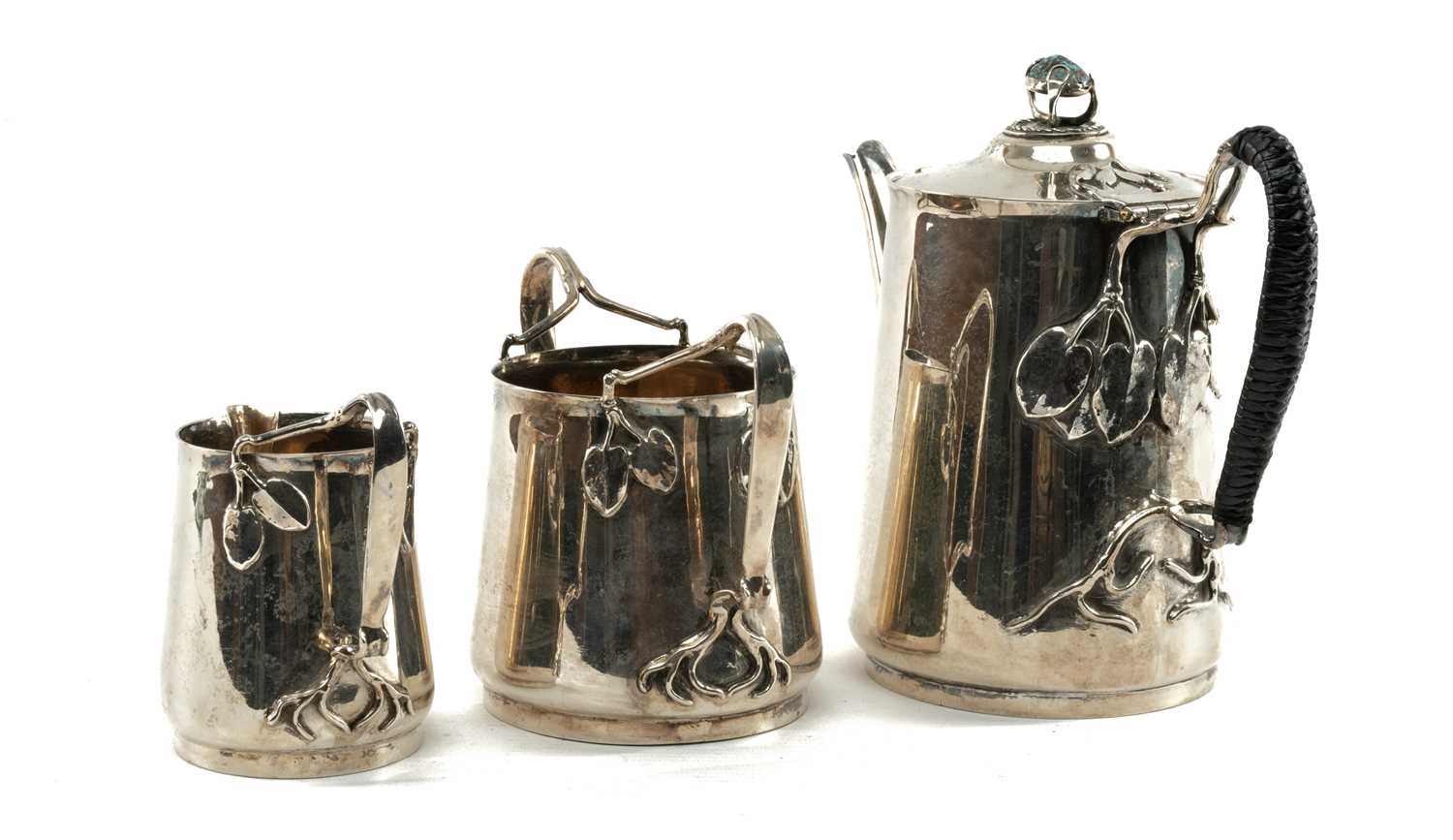 RARE SCOTTISH ARTS & CRAFTS SILVER COFFEE SERVICE each element cylindrical, tapered and with