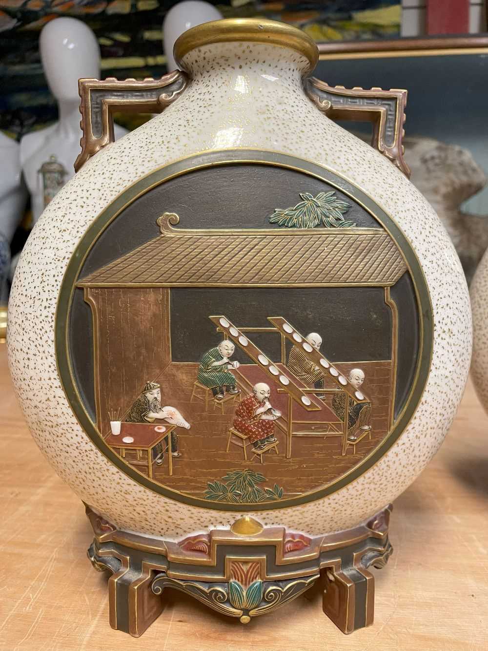 RARE PAIR ROYAL WORCESTER 'JAPONISME' MOON FLASKS, dated 1874, in the Aesthetic taste with angular - Image 11 of 17