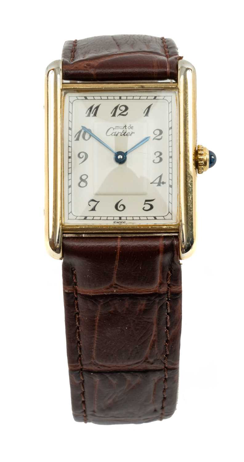 SILVER GILT MUST DE CARTIER LADIES' 'TANK' WRISTWATCH, stepped cream dial with Arabic numerals,