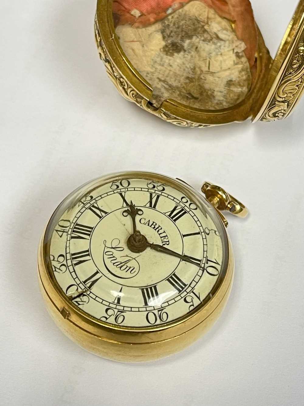 MID-18TH C. GOLD PAIR CASED POCKET WATCH, Charles Cabrier, London 1750, with white enamel dial, - Image 7 of 12