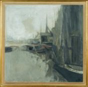 ‡ DAVID TINDLE RA (b. 1932) oil on board - 'The Thames at Rotherhithe', signed, dated '59, 59 x