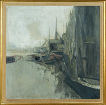 ‡ DAVID TINDLE RA (b. 1932) oil on board - 'The Thames at Rotherhithe', signed, dated '59, 59 x