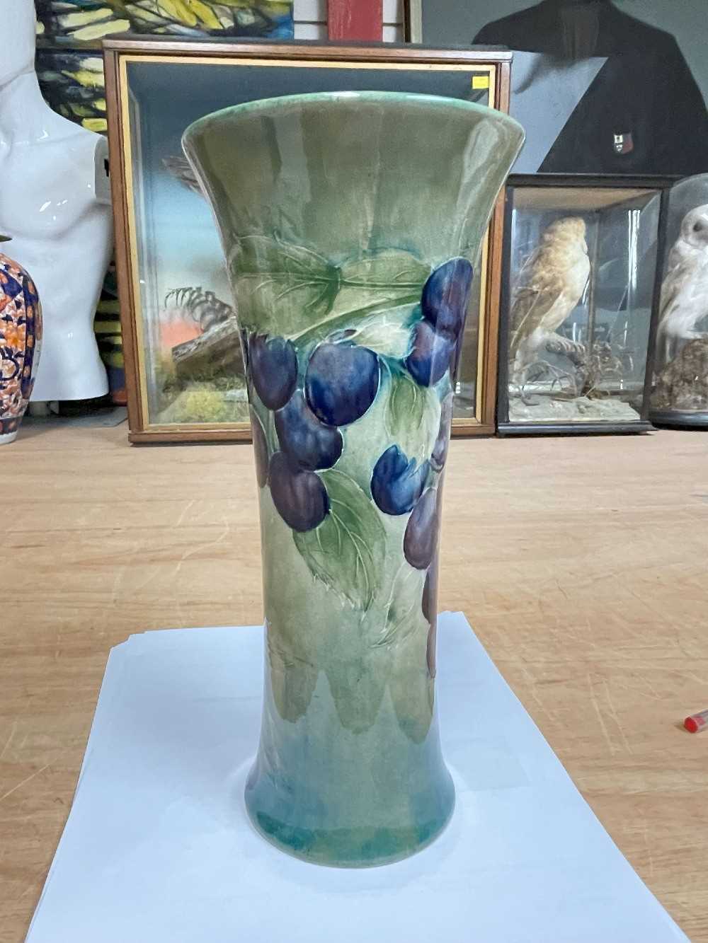 RARE WILLIAM MOORCROFT 'DAMSON' PATTERN VASE, c.1915, of waisted trumpet form, painted to the - Image 3 of 8