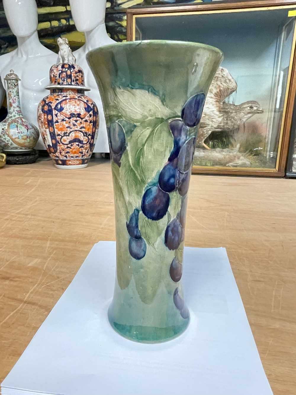 RARE WILLIAM MOORCROFT 'DAMSON' PATTERN VASE, c.1915, of waisted trumpet form, painted to the - Image 4 of 8