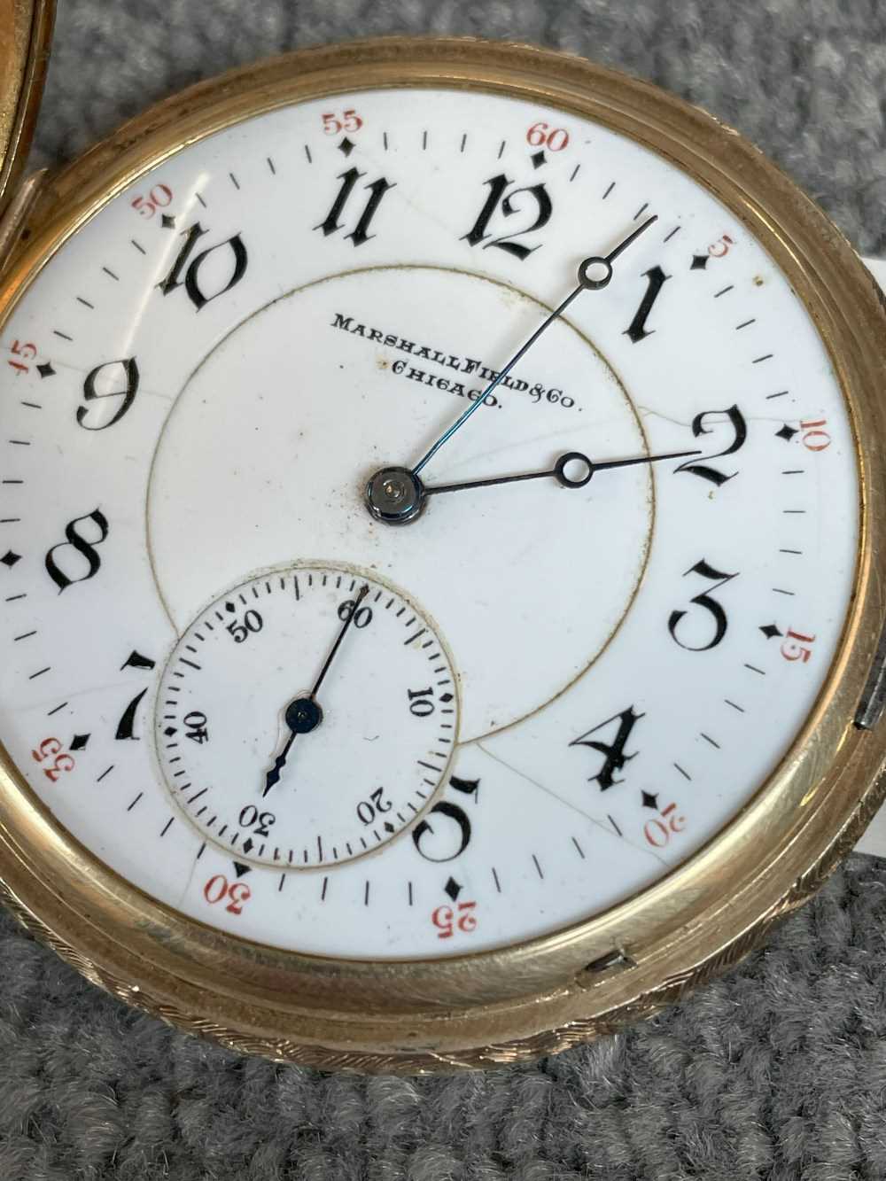 14CT GOLD AMERICAN FULL HUNTER POCKET WATCH, top wind, stepped Roman & Arabic white enamel dial - Image 5 of 14