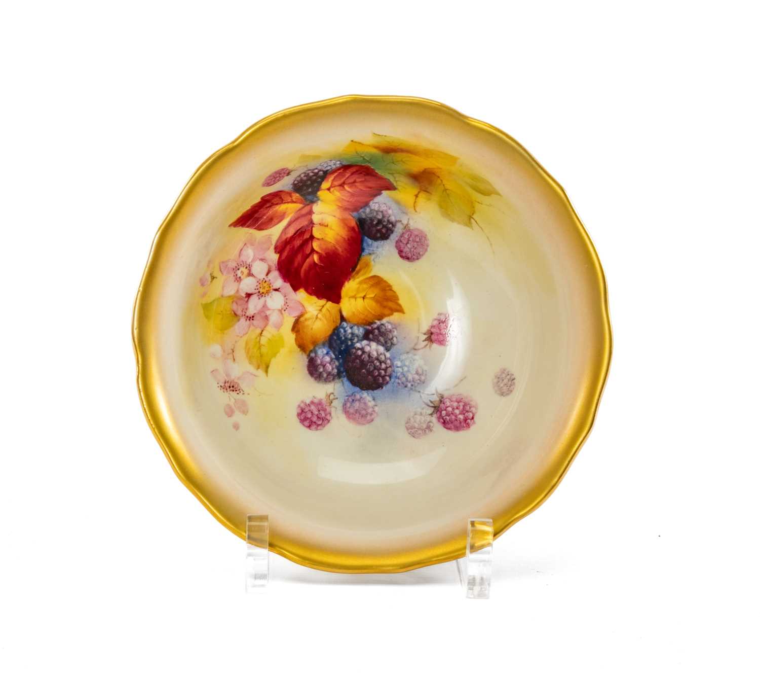 ROYAL WORCESTER 'AUTUMN FRUIT' JUG, VASE & BOWL, the flat back jug painted by Kitty Blake, shape - Image 3 of 3