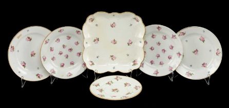 SIX SWANSEA PORCELAIN ROSE DECORATED TABLEWARES comprising pairs of plates, pair of plates impressed