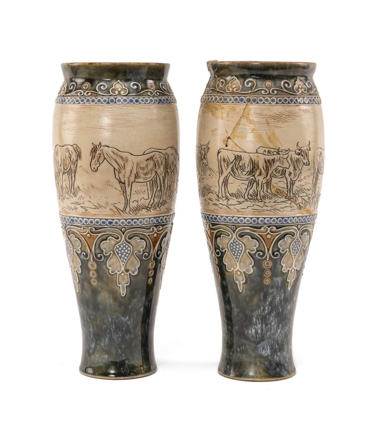 PAIR ROYAL DOULTON STONEWARE VASES BY HANNAH BARLOW, sgrafitto decorated with continuous frieze of