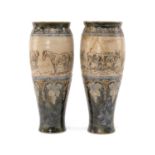 PAIR ROYAL DOULTON STONEWARE VASES BY HANNAH BARLOW, sgrafitto decorated with continuous frieze of