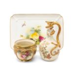 THREE ROYAL WORCESTER BONE CHINA ITEMS, comprising Victorian salamander handled ewer dated 1888,