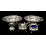 PAIR SILVER BONBON DISHES, Atkin Bros. Sheffield 1892, oval pierced form on low socle bases, centres