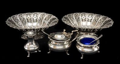 PAIR SILVER BONBON DISHES, Atkin Bros. Sheffield 1892, oval pierced form on low socle bases, centres