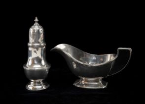 SILVER SAUCE BOAT, Sheffield 1939, together with a silver caster Sheffield 1935, 12ozt overall