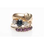 GOLD RINGS comprising 9ct gold sapphire and diamond illusion ring, 9ct gold five stone ruby ring,