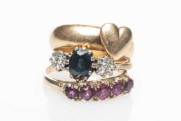 GOLD RINGS comprising 9ct gold sapphire and diamond illusion ring, 9ct gold five stone ruby ring,