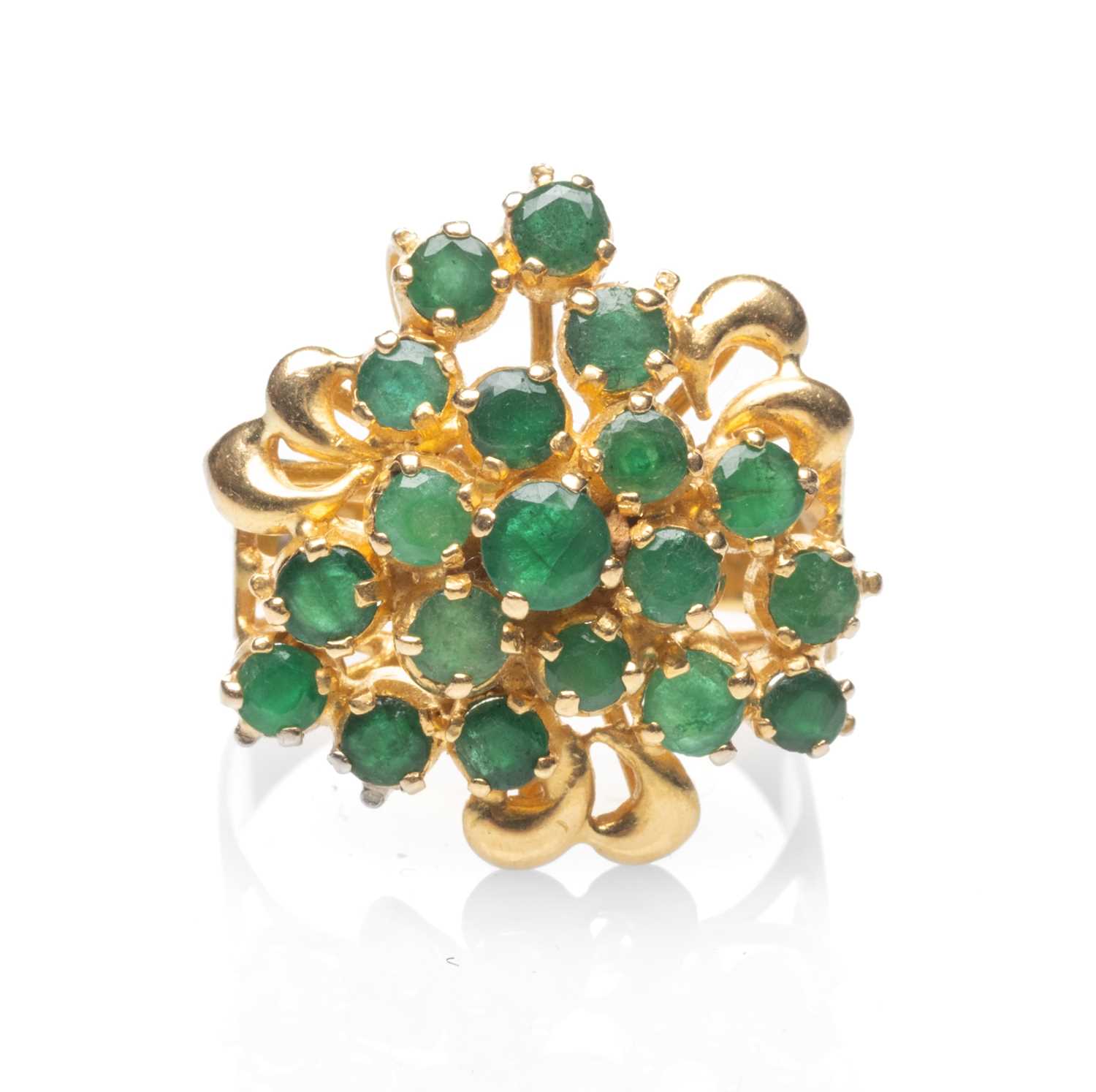 YELLOW METAL EMERALD CLUSTER RING, stamped '22K', ring size T 1/2, 10.0gms Provenance: deceased