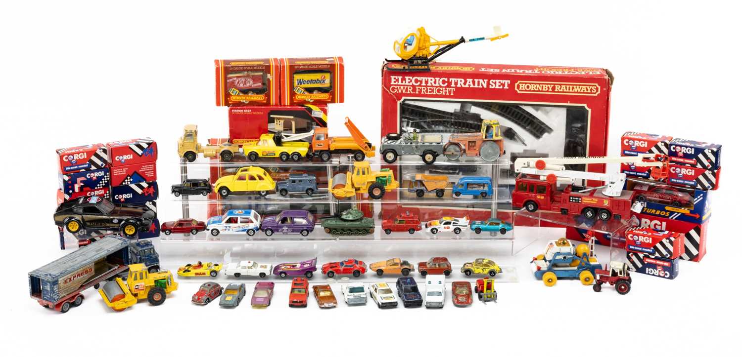 COLLECTION OF HORNBY, CORGI AND OTHER TOYS, including boxed, 1980's Corgi junior cars and trucks (