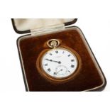 9CT GOLD BENSON OPEN FACED POCKET WATCH, signed white enamel dial with Roman numerals and subsidiary